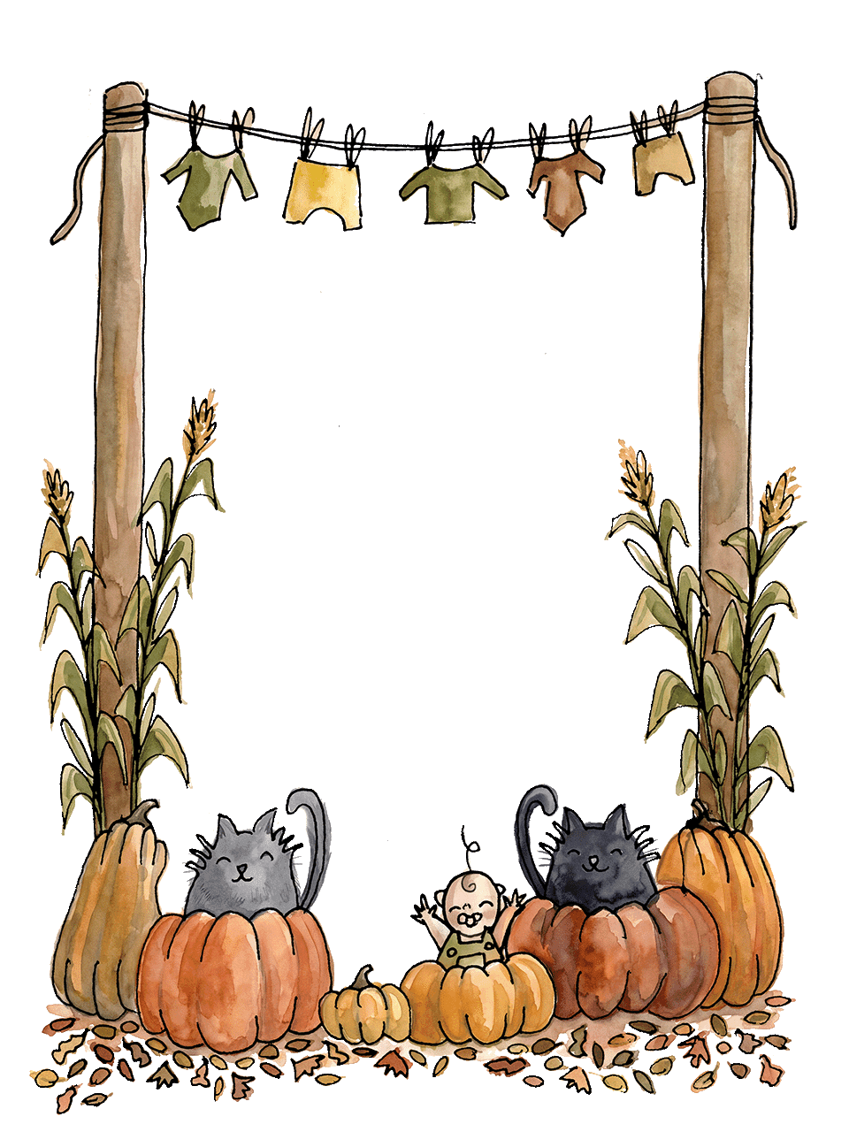 Watercolor autumn scene: corn stalks and a clothesline of baby clothes above two black cats, pumpkins, and a baby in a pumpkin patch.